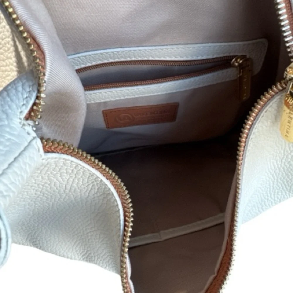 Valentina Italian Pebbled Leather Cream White Hobo Shoulder Bag Adjustable Strap